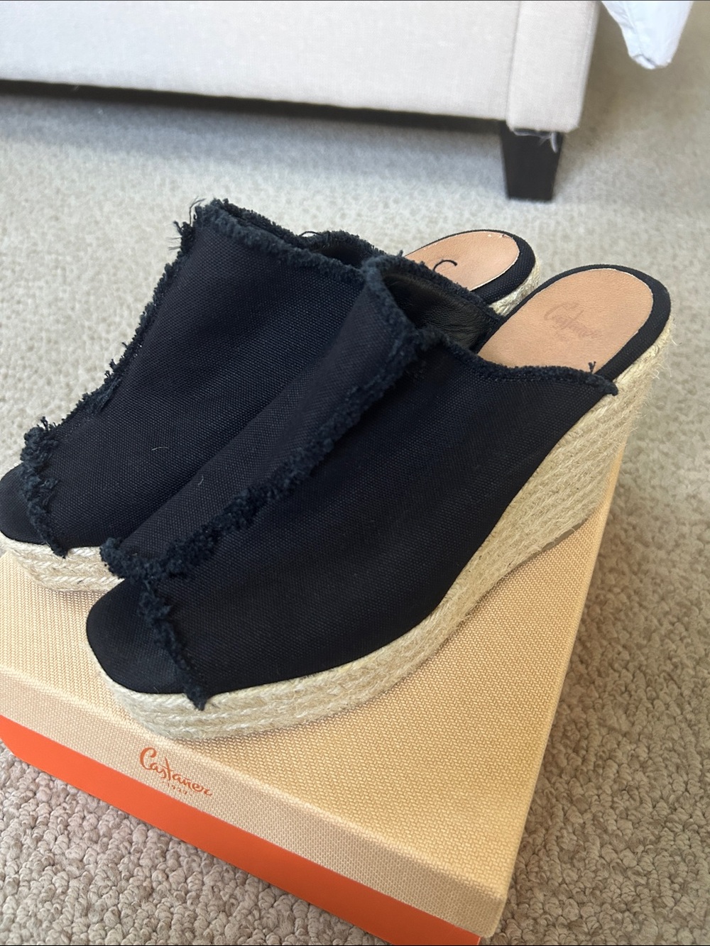 Castaner Black Canvas Espadrille Wedge Mules with Frayed Trim